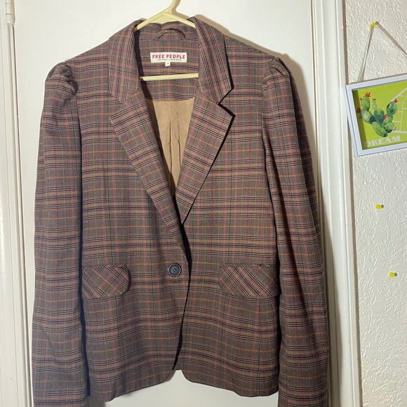 Free People Jackets & Blazers - Free People Women's Plaid Blazer Jacket Brown Pink Orange Career Puff Sleeve‎